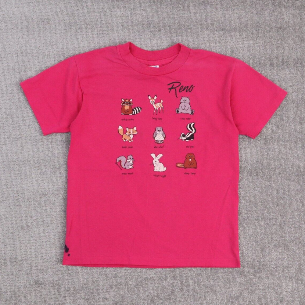 Vintage 90s Womens Cute Animals Large (Fits Mens Small) Solid Pink T-Shirt